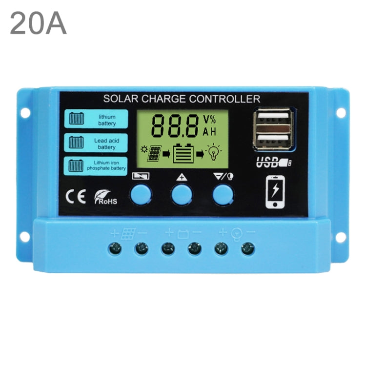 Solar charge controller, blue housing with LCD display and USB port, front panel
