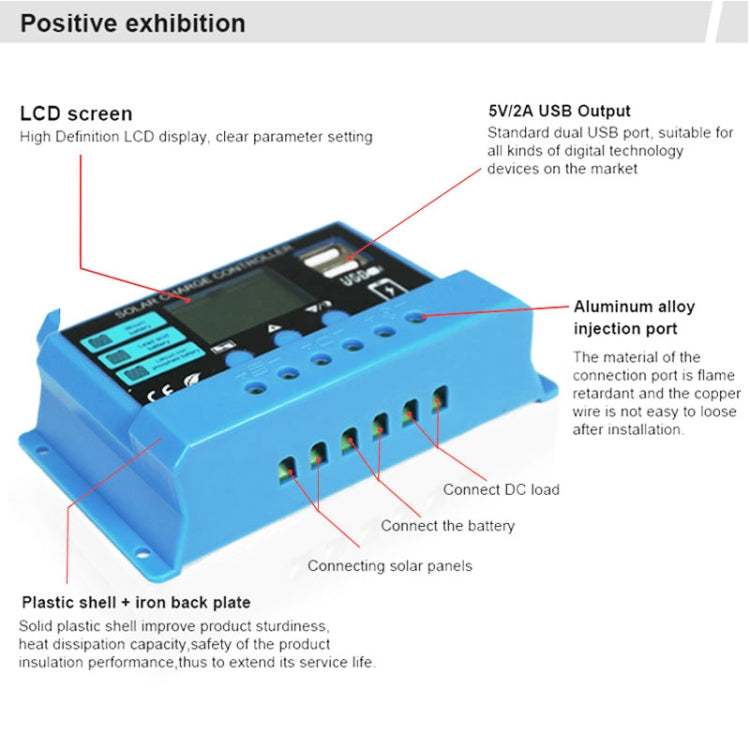 Solar charge controller showing terminals and aluminum injection port, blue body