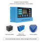 Solar charge controller with battery compatibility icons, blue housing and front LCD