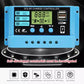Solar charge controller close-up with LCD readout and USB port, blue front casing