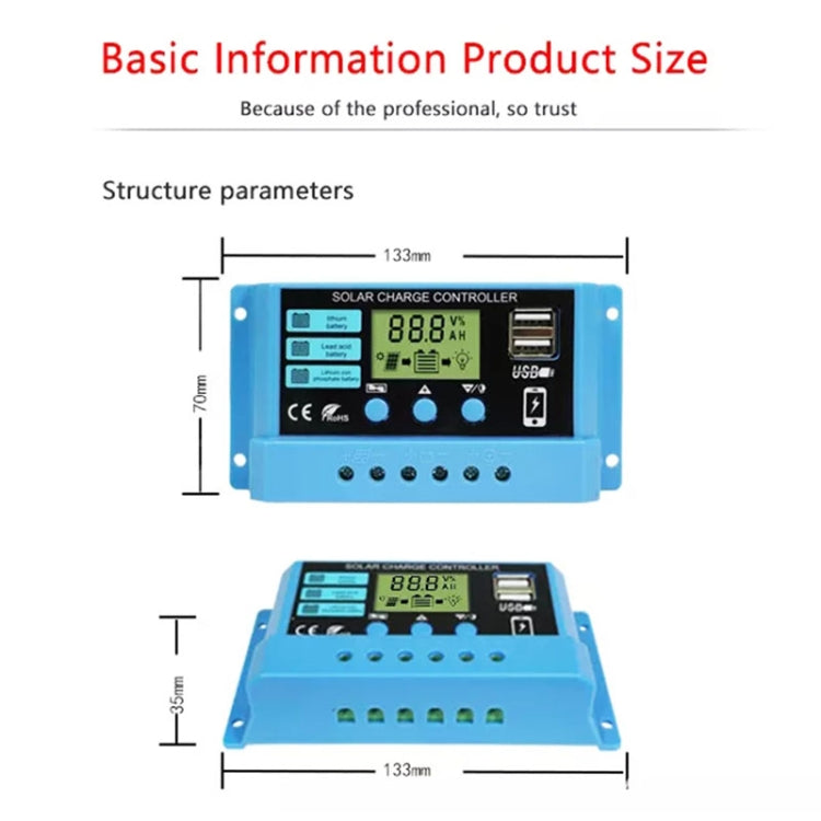 Solar charge controller size view with LCD display and USB port on blue housing