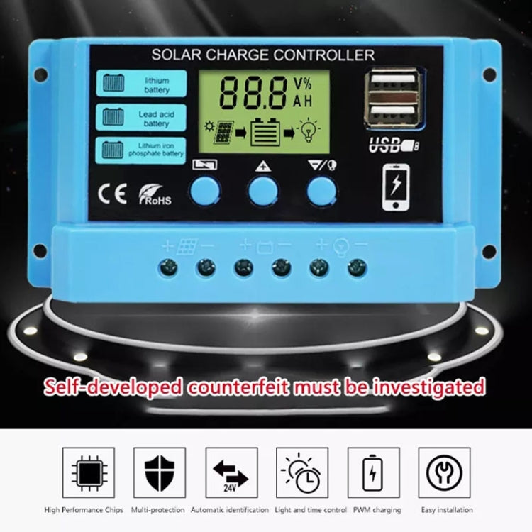 Solar charge controller close-up with LCD display and USB port on blue housing