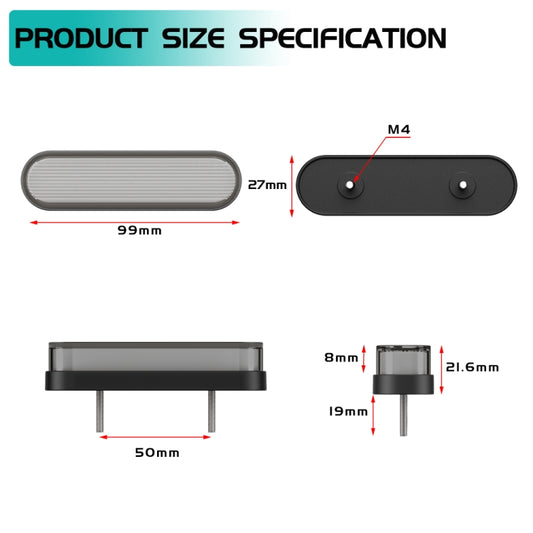 LED brake light bar size diagram showing gray lens, black back, and mounting holes