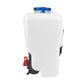 White windshield washer bottle with blue top cap and black side outlet