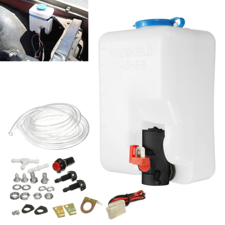 White 1.5L windshield washer bottle with blue cap and included mounting parts kit