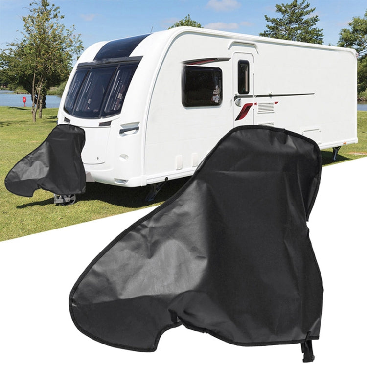 Black towing hitch PVC protective cover with tie straps, contoured for caravan hookup