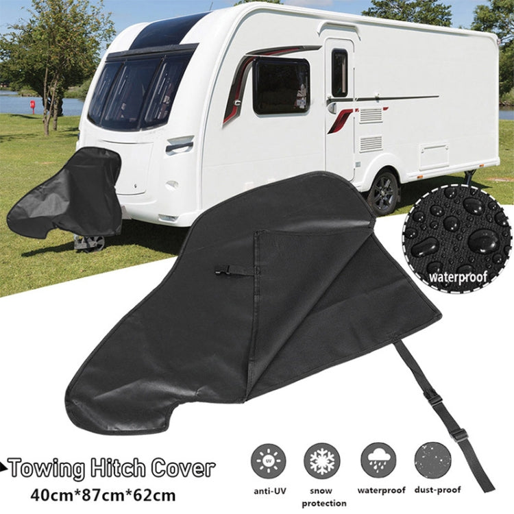 Black towing hitch cover for caravan trailer hitch, shaped to fit with strap tie