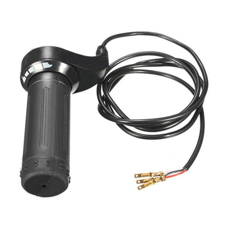Black electric bicycle throttle turning handle with control housing and attached wire leads