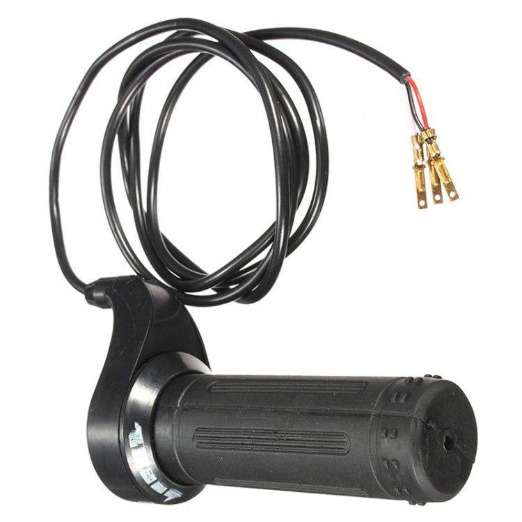 Black electric bicycle throttle grip with curled wire harness and connector plug