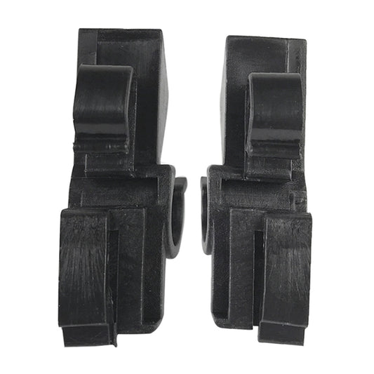 Car rear parcel shelf clips, dark plastic housing with side prongs, pair