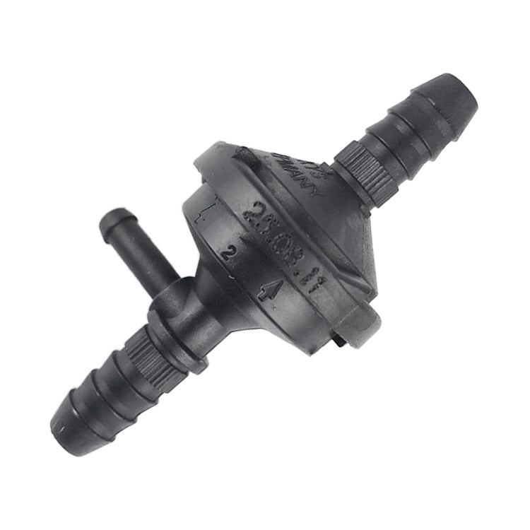 Black plastic vacuum check valve air pump, angled view with two hose ports