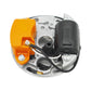 Ignition coil module with orange plastic cover and black coil housing, side view