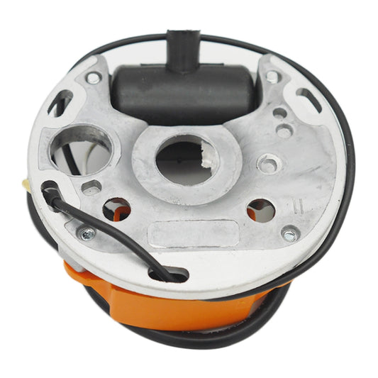 Ignition coil stator plate with orange base and wiring leads, underside view