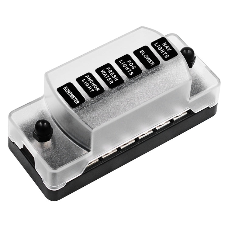 Car fuse box terminal block with clear dust cover and six labeled output switches
