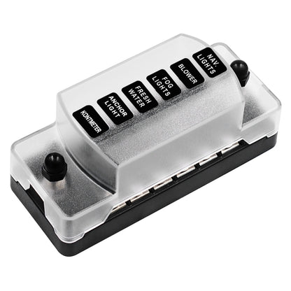 Car fuse box terminal block with clear dust cover and six labeled output switches