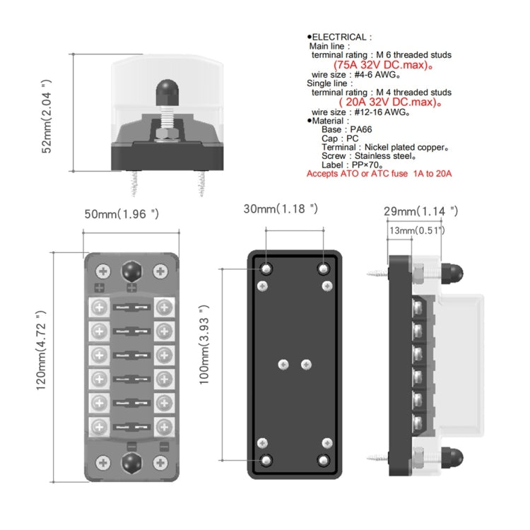 Car fuse box terminal block size diagram with plus/minus marked positions and studs