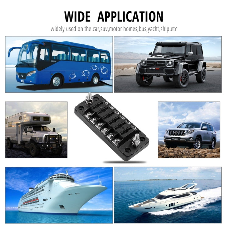 Fuse box terminal block shown with wide vehicle application examples for cars and boats