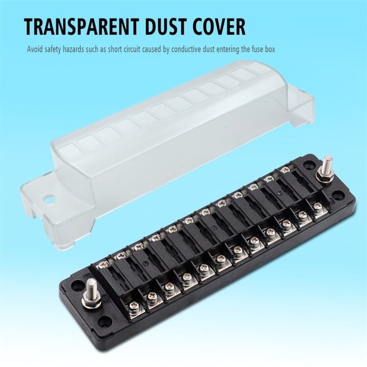 12-slot fuse distribution terminal block with transparent dust cover and metal mounting posts