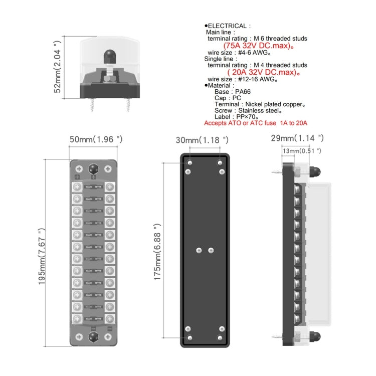 Fuse box terminal block with mounting holes and screw terminal layout, size diagram included