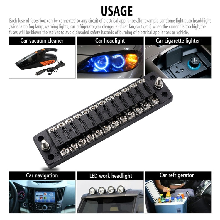 Black fuse distribution block with screw posts and multiple fuse slots for vehicle power