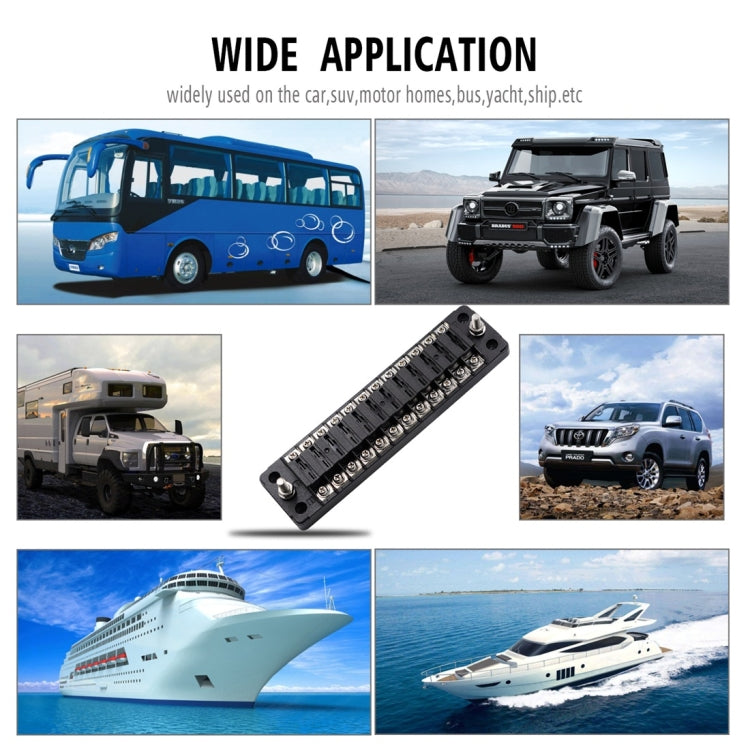 12-position fuse box terminal block with compact rail for car, boat, and RV applications