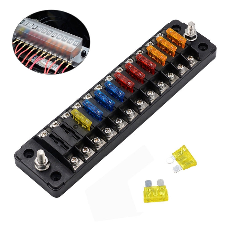 12-circuit automotive inline fuse box with black base, studs, and colorful blade fuses installed