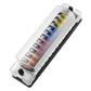 Automotive 12-circuit fuse box with clear dust cover showing colored blade fuses and terminals