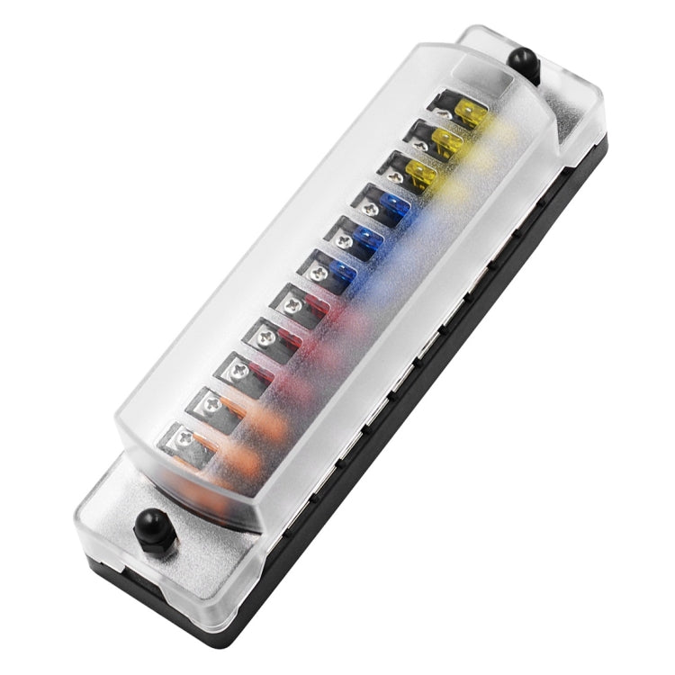 Automotive 12-circuit fuse box with clear dust cover showing colored blade fuses and terminals