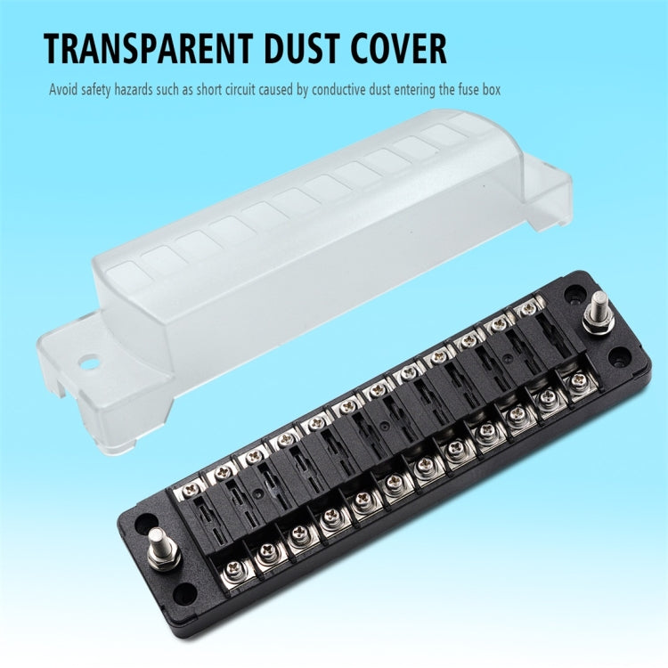 12-circuit automotive fuse box with transparent dust cover and black terminal block