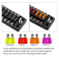 Assorted colored blade fuses with different amp ratings, sized for a 12-circuit fuse box