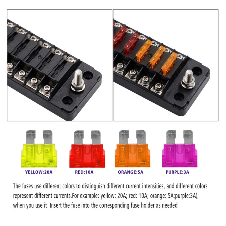 Assorted colored blade fuses with different amp ratings, sized for a 12-circuit fuse box