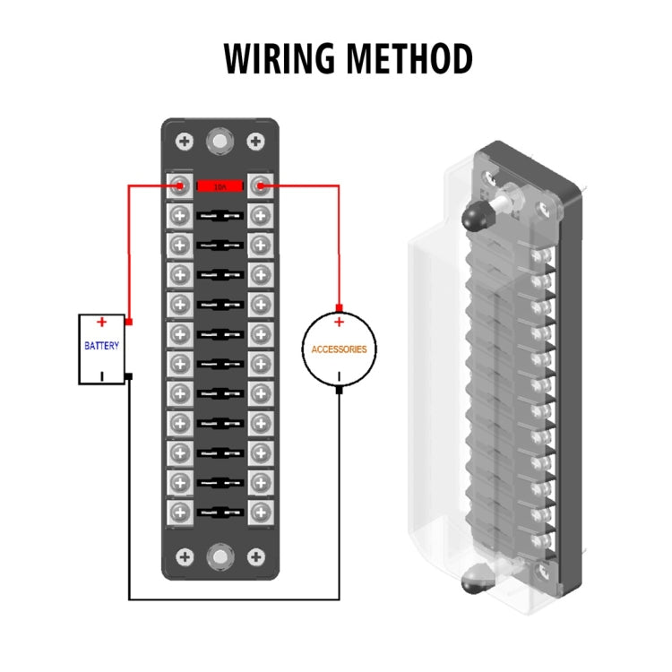 Automotive 12-circuit fuse box terminal block with wiring connections diagram icons