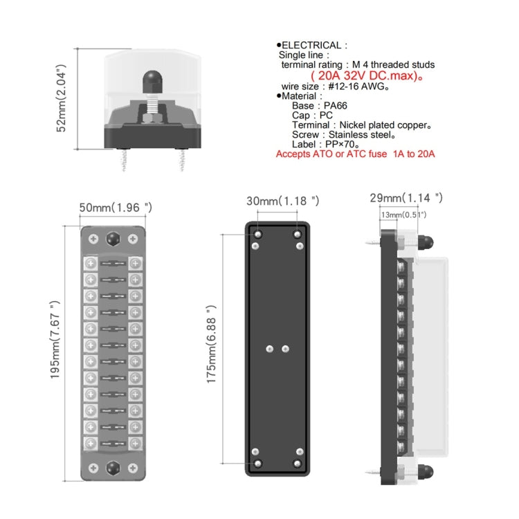 Auto fuse box with mounting studs and fuse slot terminals shown with size dimensions