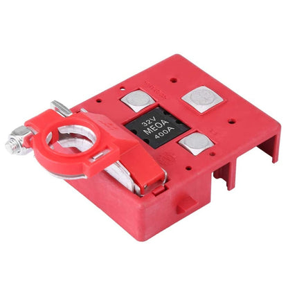 Red 32V battery distribution terminal with quick-release fused clamp connector