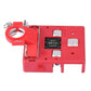 Red fused battery distribution terminal with quick-release clamp and mounting tabs