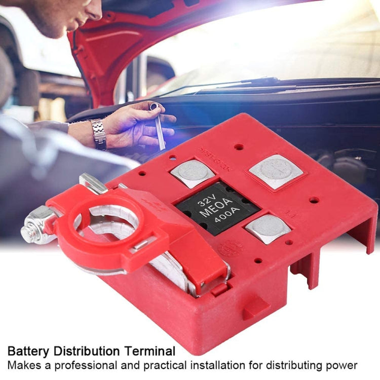 Red 32V battery distribution terminal with fused clamps for power distribution