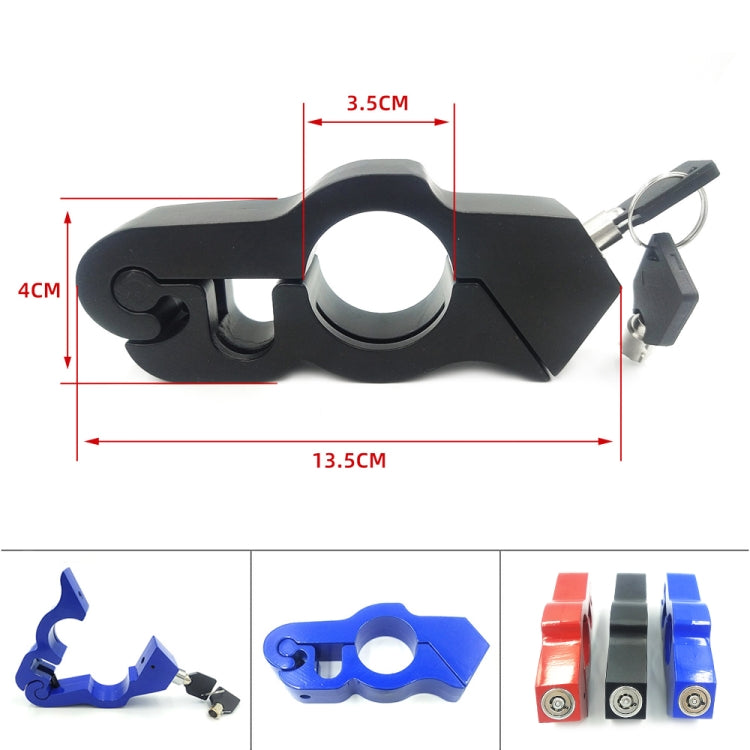 Motorcycle throttle handle lock, black, with key, showing size measurements