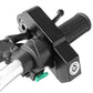 Motorcycle throttle handle lock, black, close-up on handlebar with key