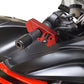 Motorcycle throttle handle lock, red, installed on handlebar with key