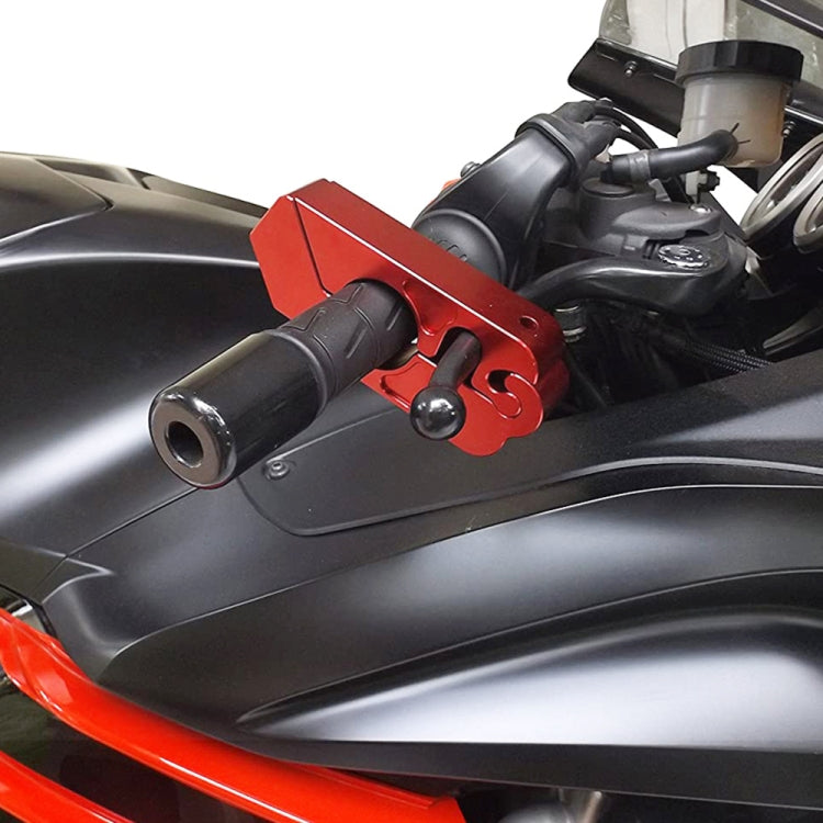 Motorcycle throttle handle lock, red, installed on handlebar with key