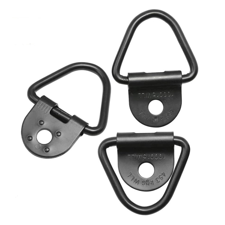 Set of four black cargo hooks with U-shaped loops and circular hole plates
