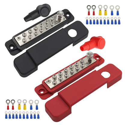 12-way battery bus bar power distribution terminal block set with red and black bases