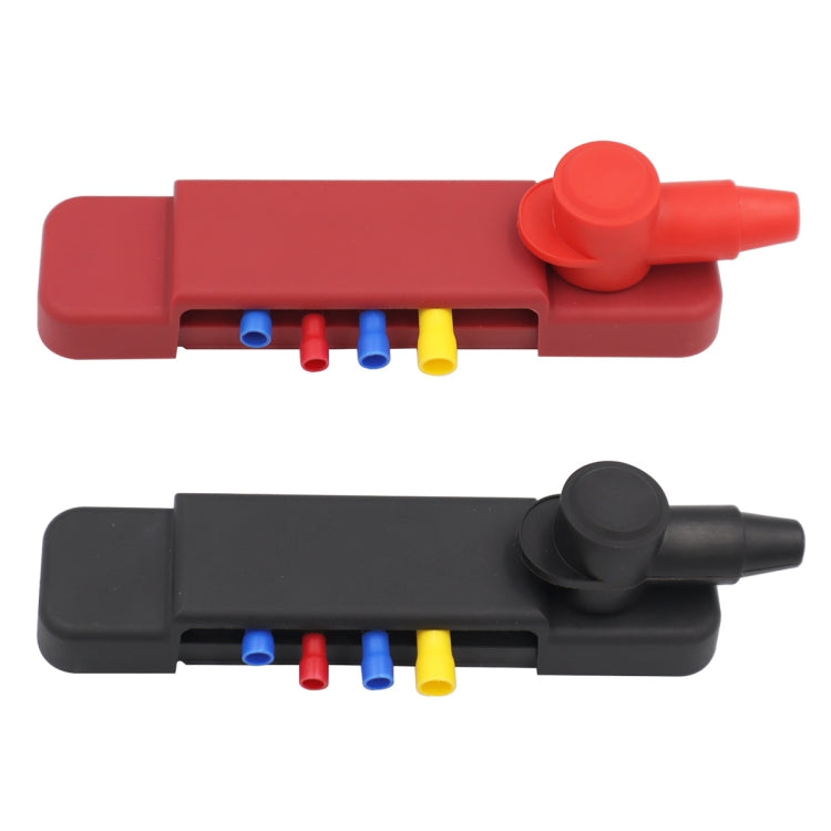 12-way battery bus bar terminal block with red and black insulators and colored caps
