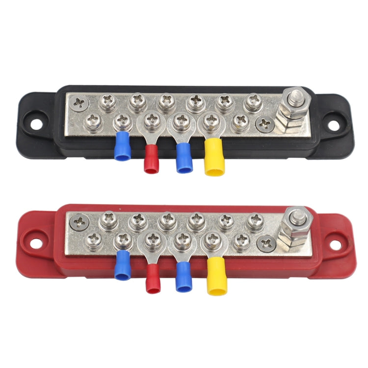 12-way bus bar terminal blocks with metal strips and colored wire covers in red/black