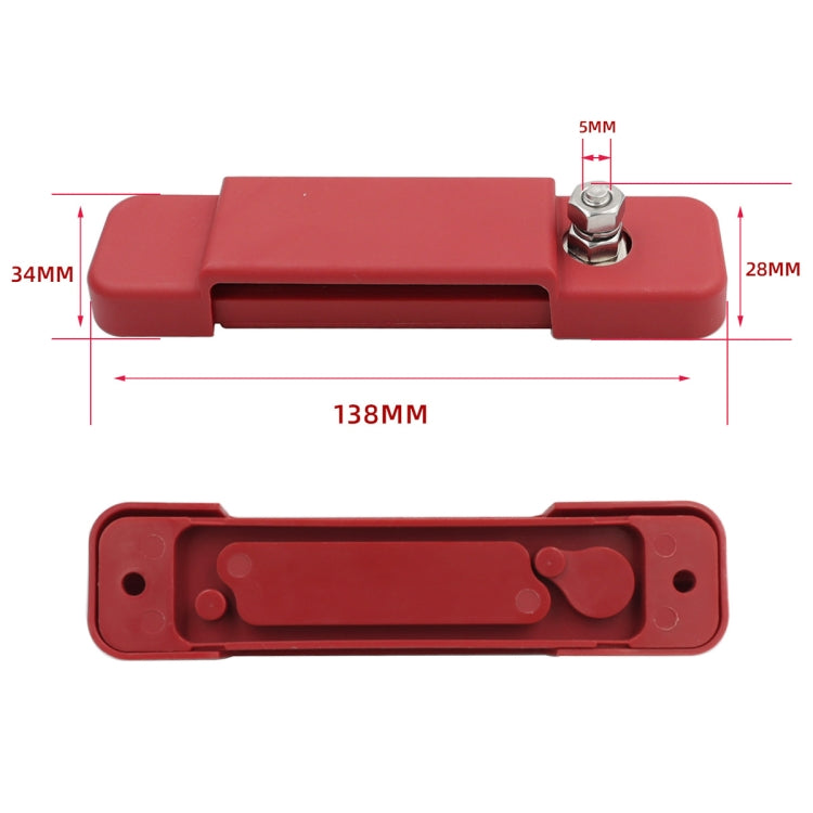 Red 12-way battery bus bar terminal block with mounting hole and size diagram