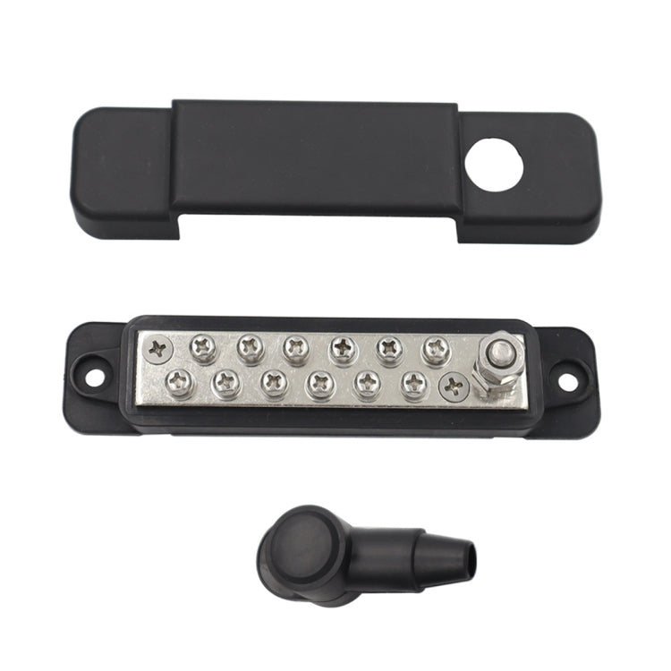 Black 12-way battery bus bar terminal block with metal strip and mounting holes