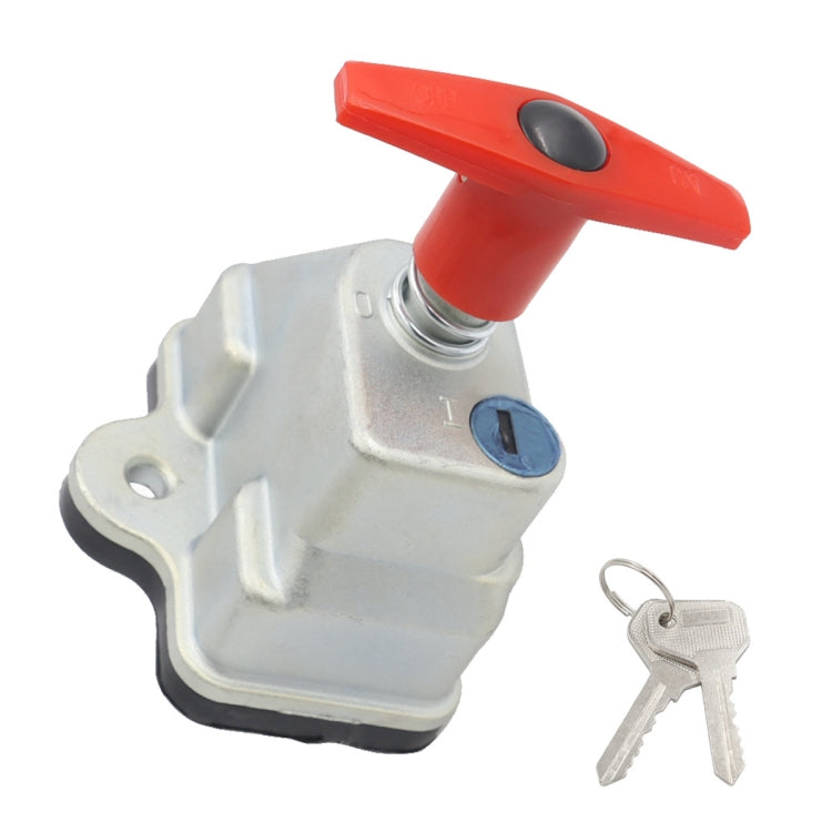 Battery cut-off switch with key, red lever and metallic housing, blue lock cylinder