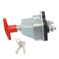 Battery cut-off switch with red handle and terminals, includes key and mounting screws