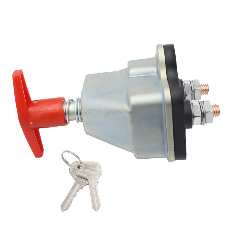 Battery cut-off switch with red handle and terminals, includes key and mounting screws