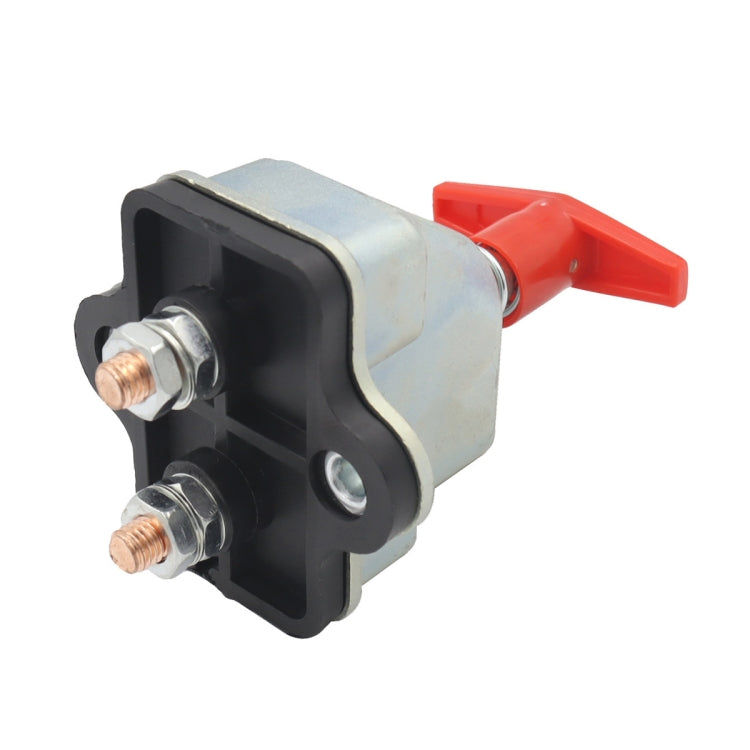 Battery cut-off switch with black mounting plate and red lever, visible bolt terminals